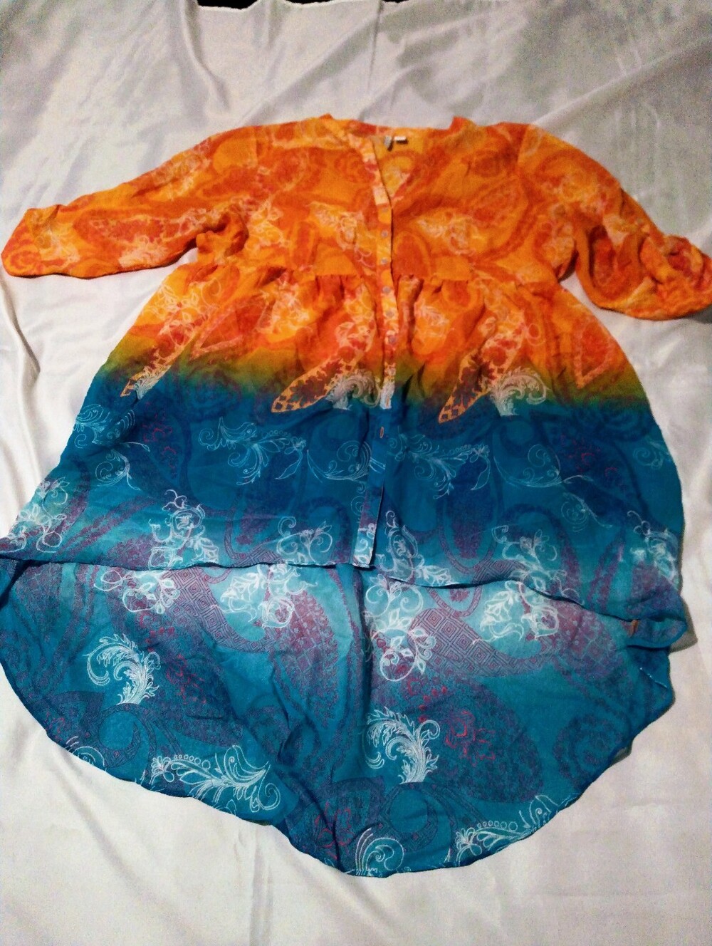 ♥️3/$15Cato Est.1946 Boho Ombre Orange to Teal High-Low Tunic Top